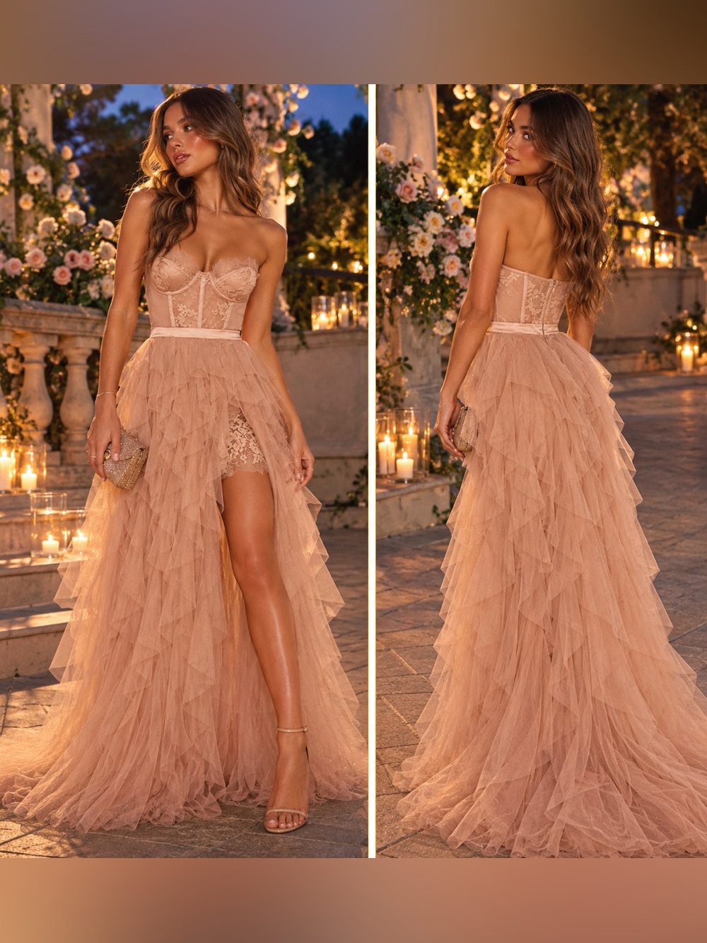For Love & Lemons x REVOLVE Bustier Gown Tiered Tulle High Slit Warm Taupe M